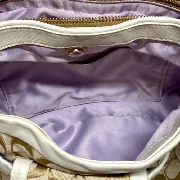 Coach Cricket 13604 Cream Tan Signature Shoulder Bag Purse Leather Trim TurnLock - Picture 10 of 15